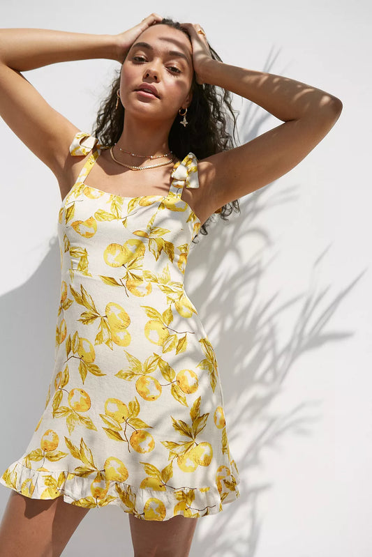Urban Outfitters Jolene Lemon Print Linen Mini Dress - XS