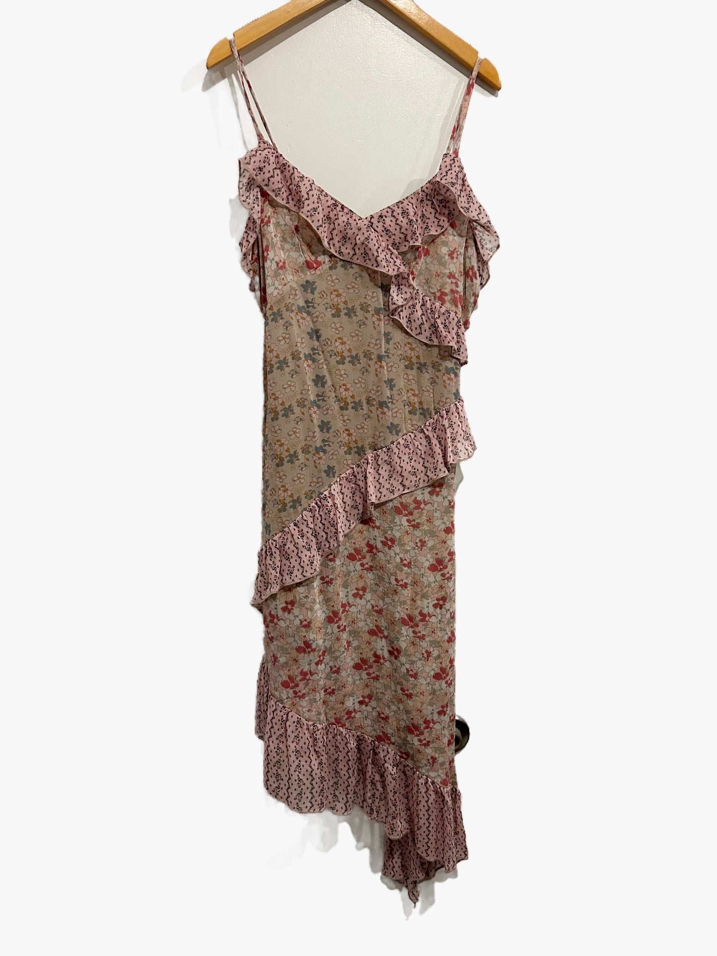 Lucky Brand Print Mix Ruffle Midi Dressing Pink Multi - XS