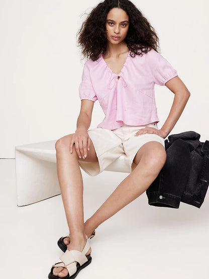 Banana Republic Linen Tie Front V-Neck Top in Pink Orchid Dust - XS
