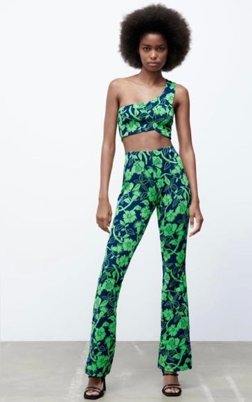 Zara Navy and Green Floral One Shoulder Tank - Small