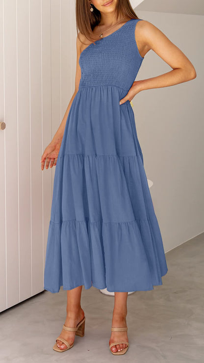 Zcsia Blue One Shoulder Smocked Midi Dress - XL