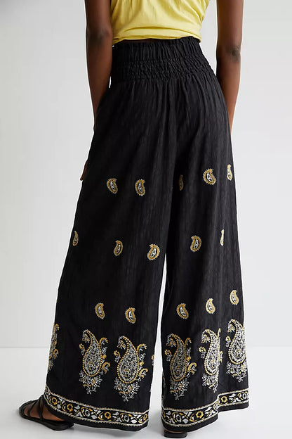 Anthropologie Black Smocked Wide Leg Pants - Medium