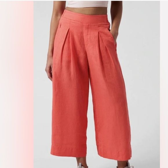 Athleta Playa Linen Wide Crop Pants in Passionfruit Coral Size 14