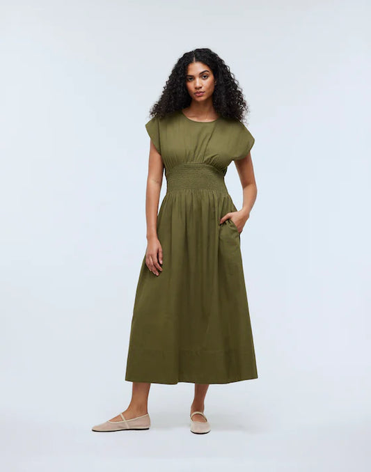 Madewell Smocked-Waist Midi Dress in Stripe Seersucker Desert Olive - XXS