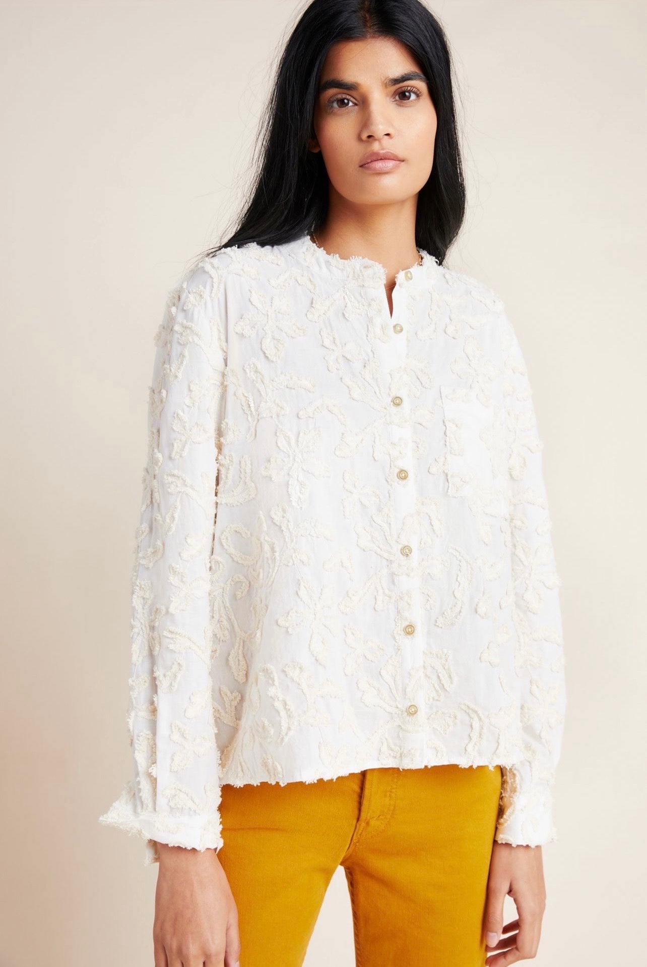 Anthropologie The Whitney Embroidered Trapeze Button Down in Ivory - XL