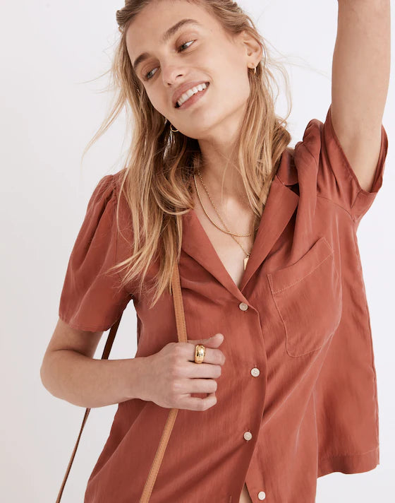 Madewell Silk Puff-Sleeve Camp Shirt in Weathered Brick - XXS