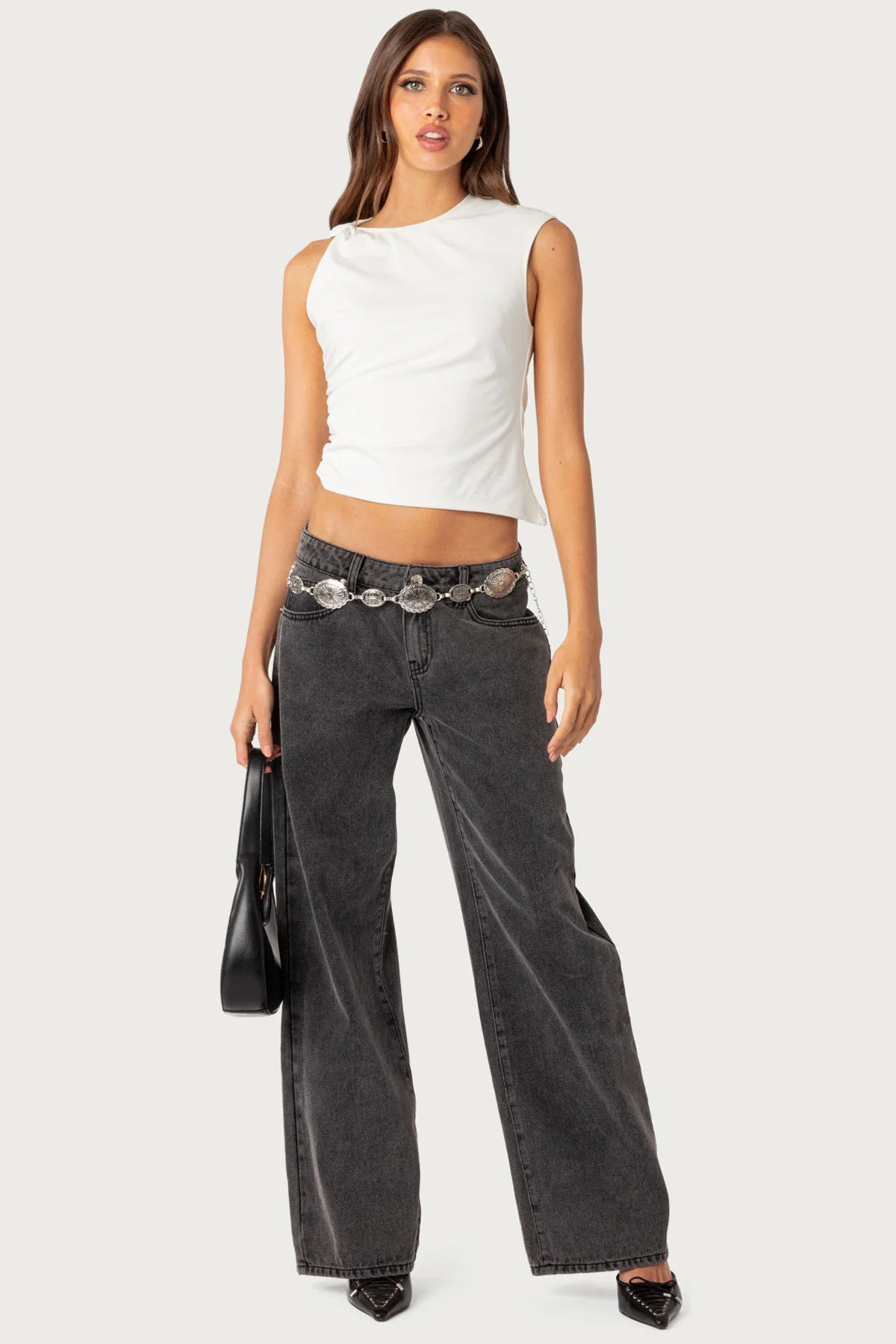 Edikted Raelynn Black Washed Low Rise Baggy Jeans - Small