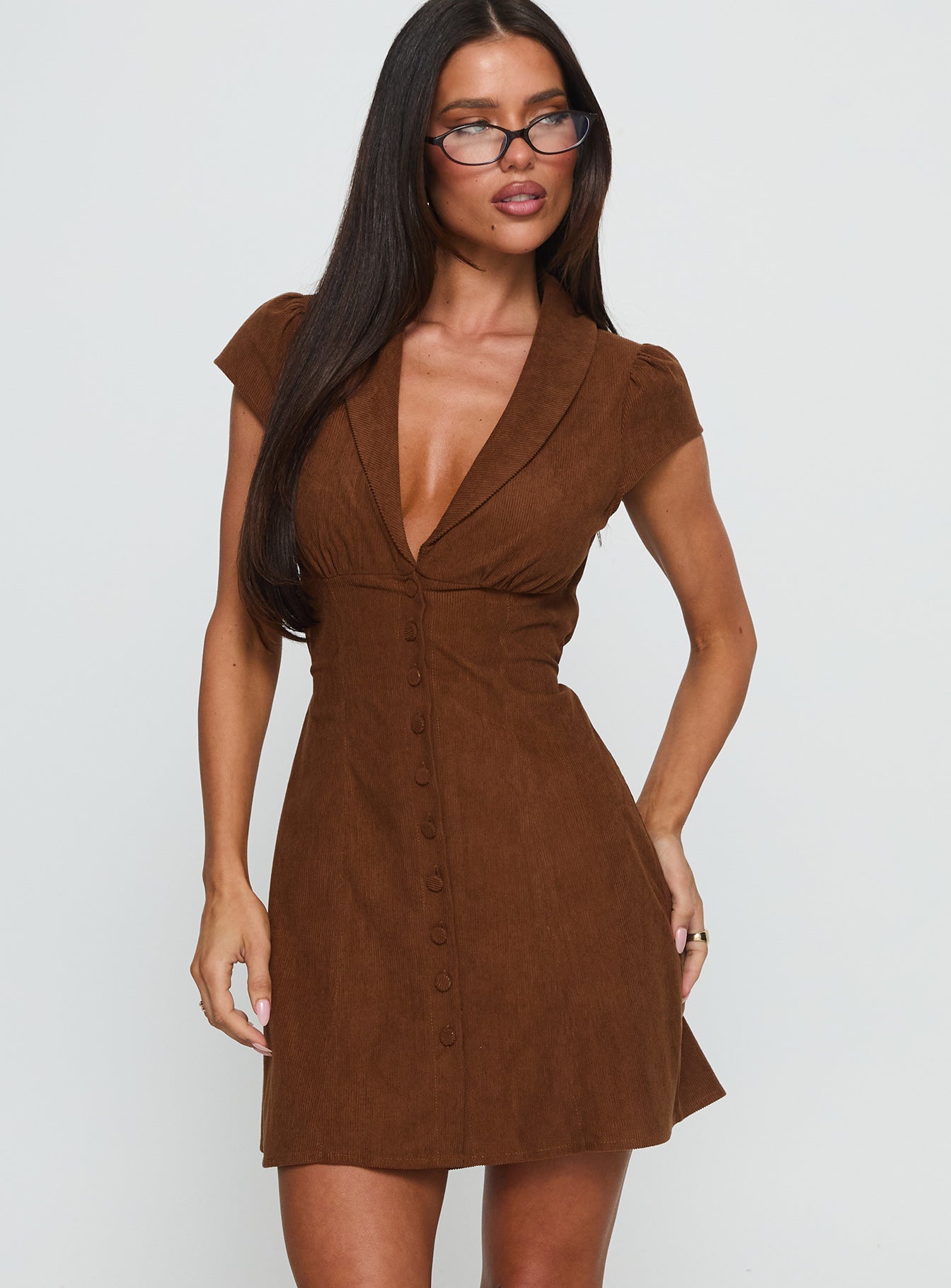 NWT Princess Polly Magdalene Corduroy Button Down Mini Dress in Chocolate - 10