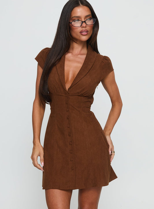 NWT Princess Polly Magdalene Corduroy Button Down Mini Dress in Chocolate - 10