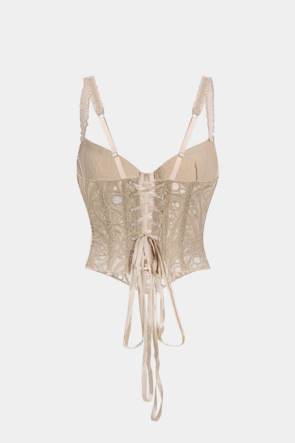 NWT Micas Lace Trim Bustier Corset Tie-Back Cami Top in Khaki - Medium