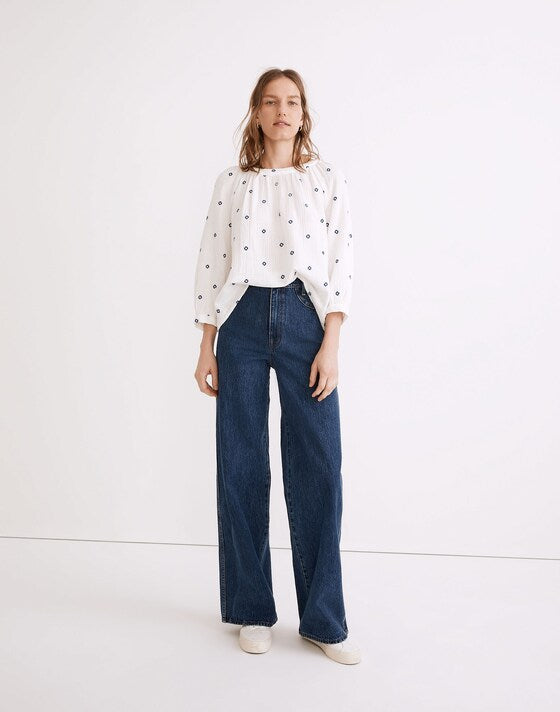 Madewell Embroidered Lightspun Wide-Neck Cuffed-Sleeve Top in Saratoga Blue - XXS
