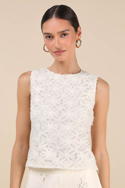 Lulus Charissa Ivory Textured Sleeveless Crew Neck Top - XS