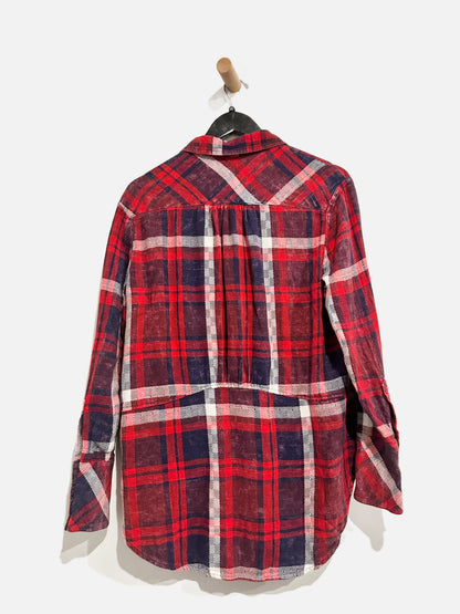 Free People Red & Navy Oversized Plaid Button Down Shirt Ruffle Hem - XS
