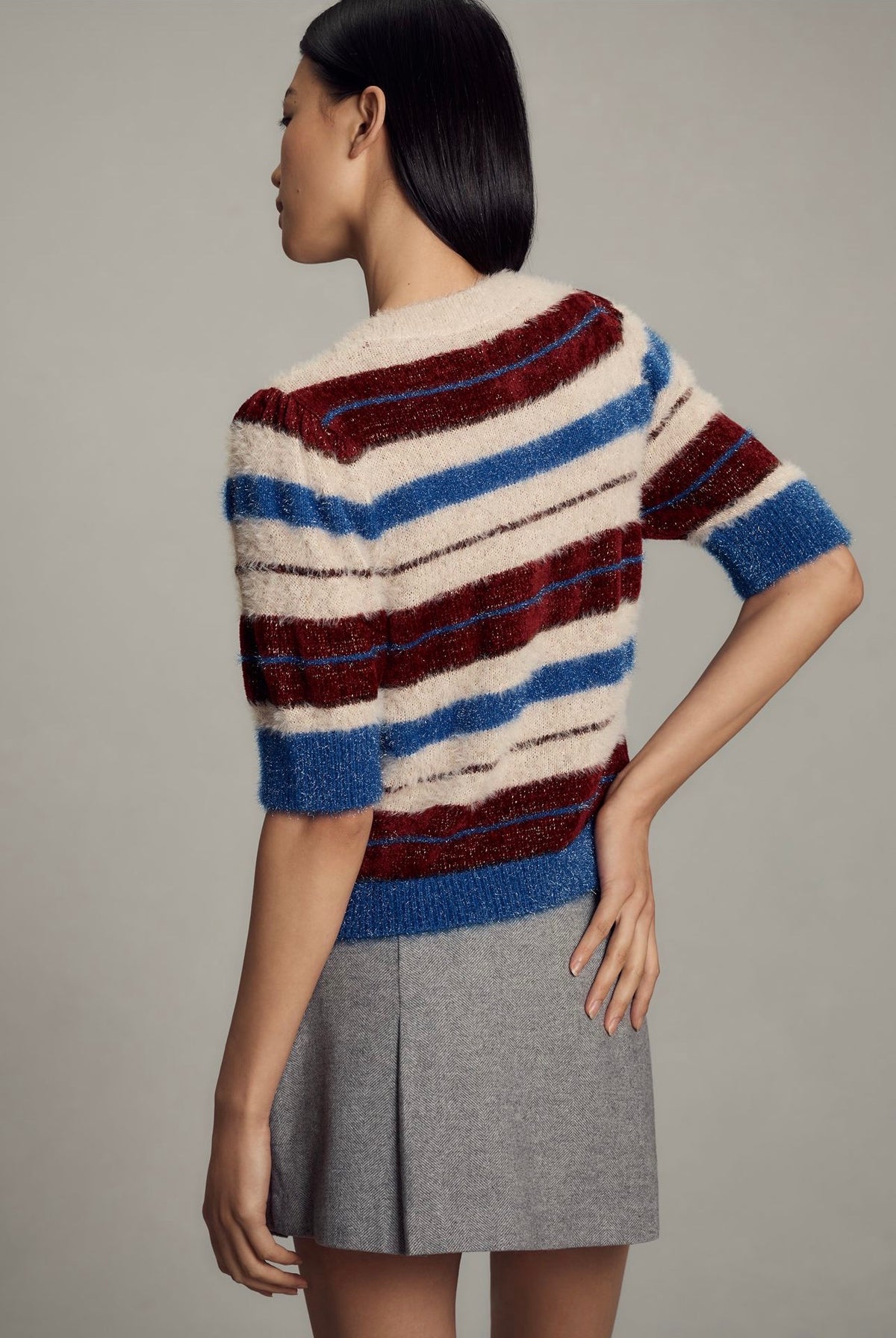 Anthropologie Maeve Short-Sleeve Fuzzy Cardigan Sweater in Blue Pattern - XS