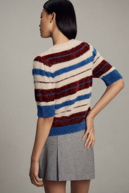 Anthropologie Maeve Short-Sleeve Fuzzy Cardigan Sweater in Blue Pattern - XS