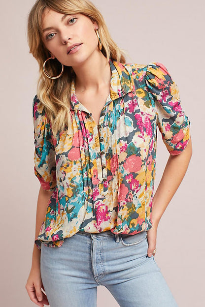 Anthropologie Maeve Floral Button SS Blouse - 0