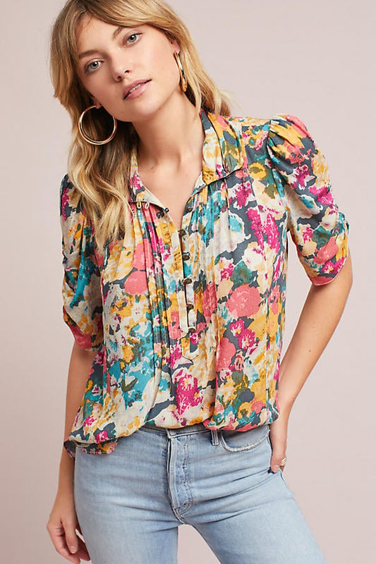 Anthropologie Maeve Floral Button SS Blouse - 0