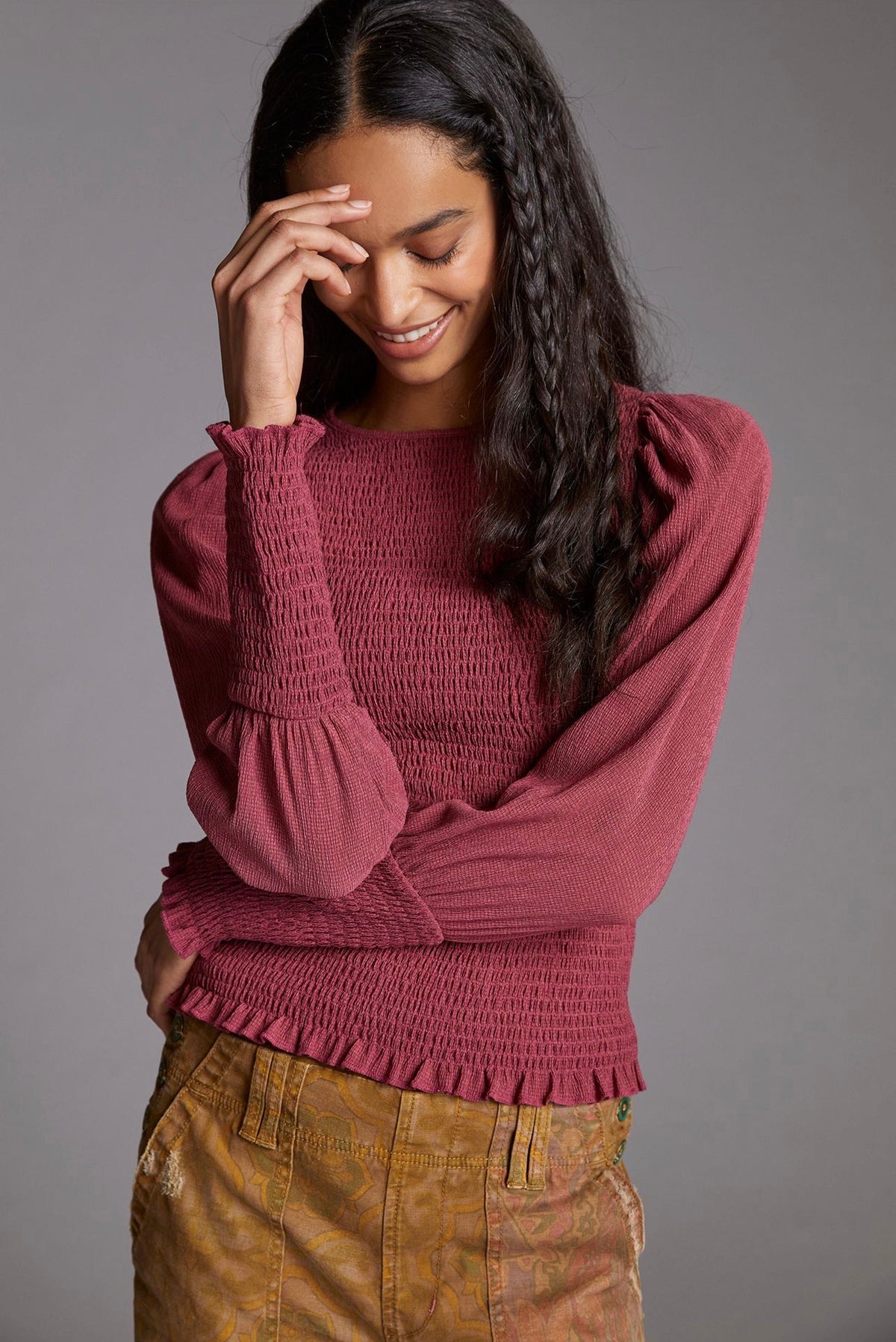 Anthropologie Smocked Puffed Sleeve Top in Raspberry - Medium