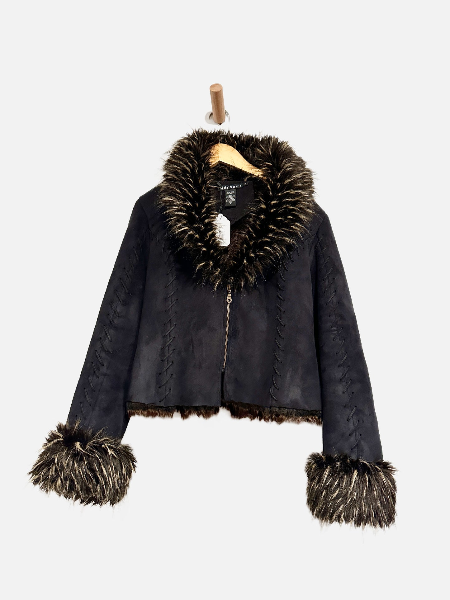 Merchant Black Faux Suede Fur Trim Jacket - Small