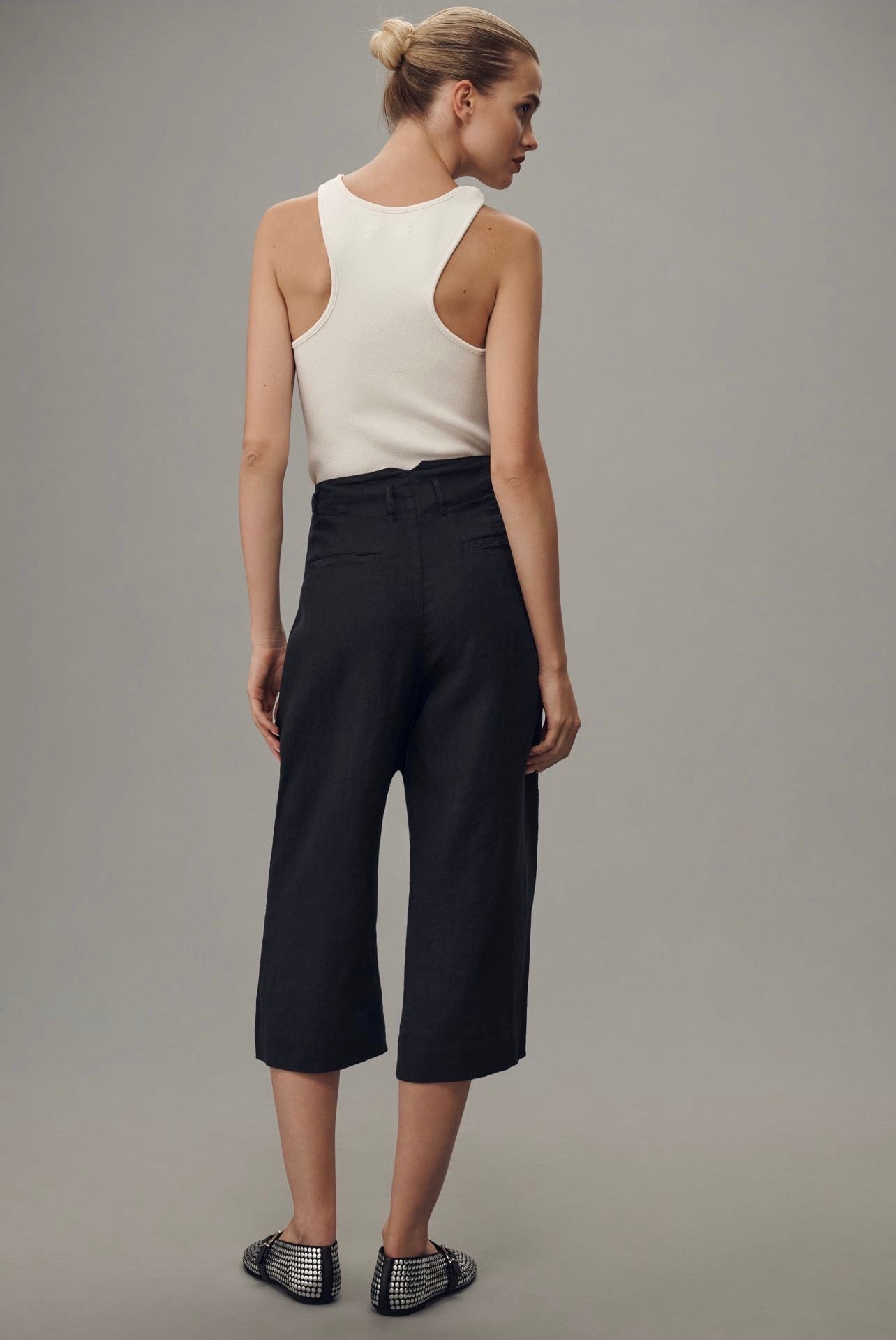Anthropologie Linen Shirt-Tie Capri Pants in Black - 12