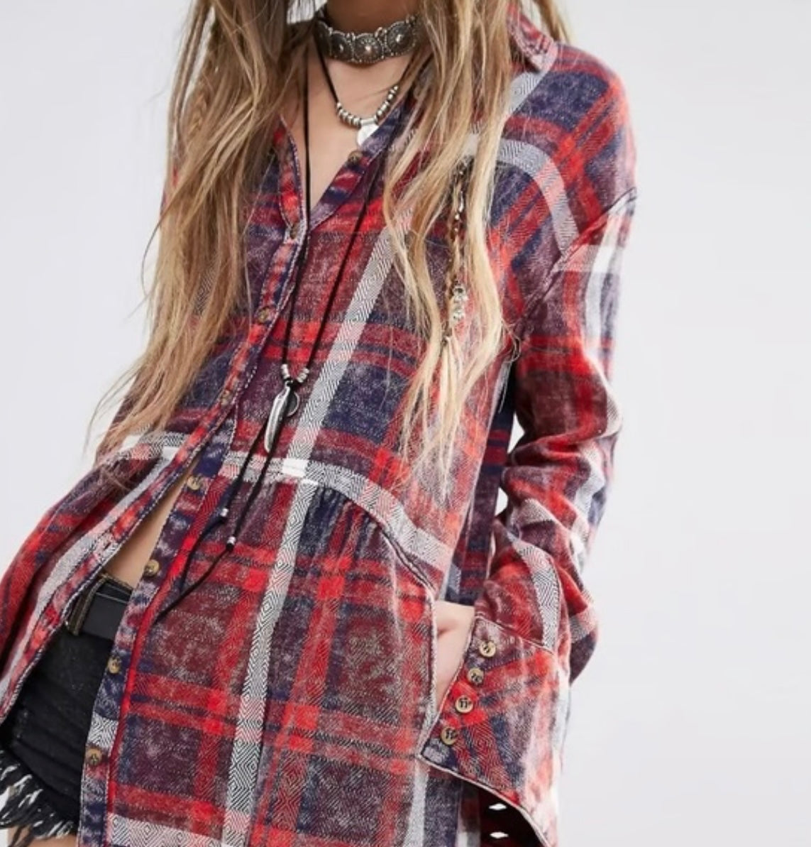 Free People Red & Navy Oversized Plaid Button Down Shirt Ruffle Hem - XS