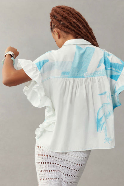 Anthropologie Anne Guest for Pilcro Cyanotype Ruffle-Sleeve Buttondown Blouse in Blue Pattern - Large