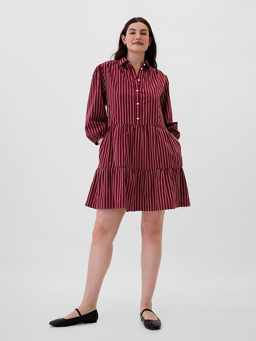 Gap Tiered Poplin Puff Sleeve Mini Dress in Burgundy Stripe - Large