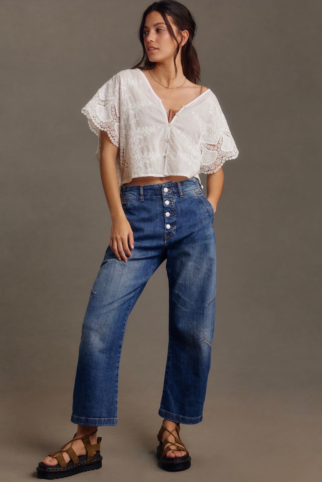 Anthropologie Pilcro The Arin Mid-Rise Button-Front Barrel Pant in Plover Wash - 34T