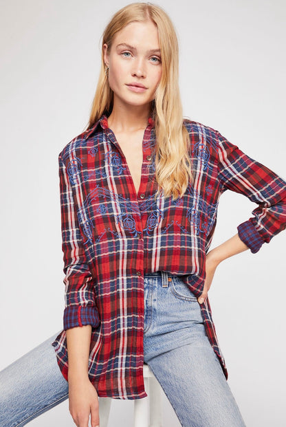 Free People Magical Plaid Buttondown Top in Red Combo - Small