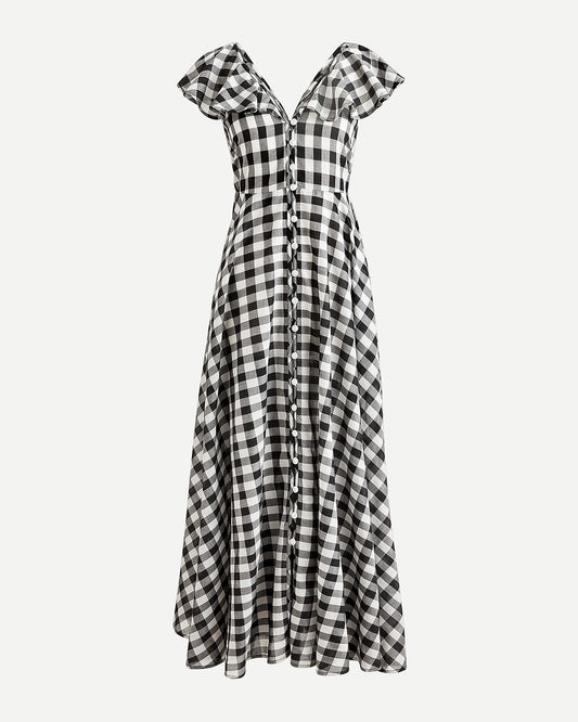 J.Crew Black and White Plaid Ruffle Midi Dress - XXS