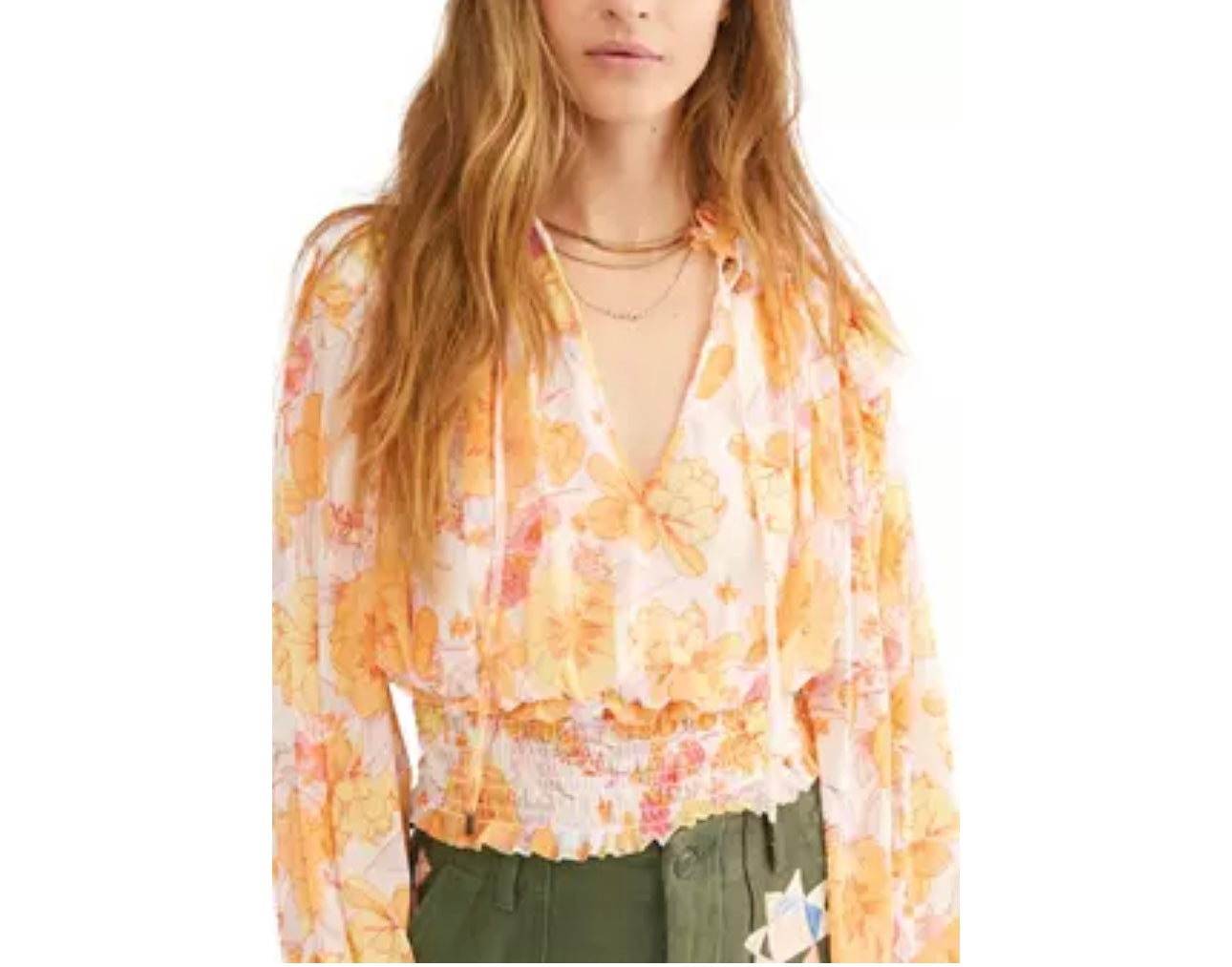 Free People Twilight Sheer Floral Blouse Orange - Medium