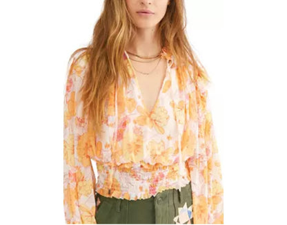 Free People Twilight Sheer Floral Blouse Orange - Medium