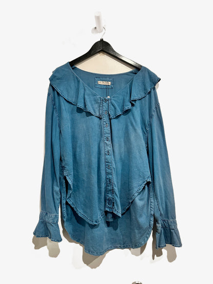 Free People Amber Ruffle Top in Blue - Medium