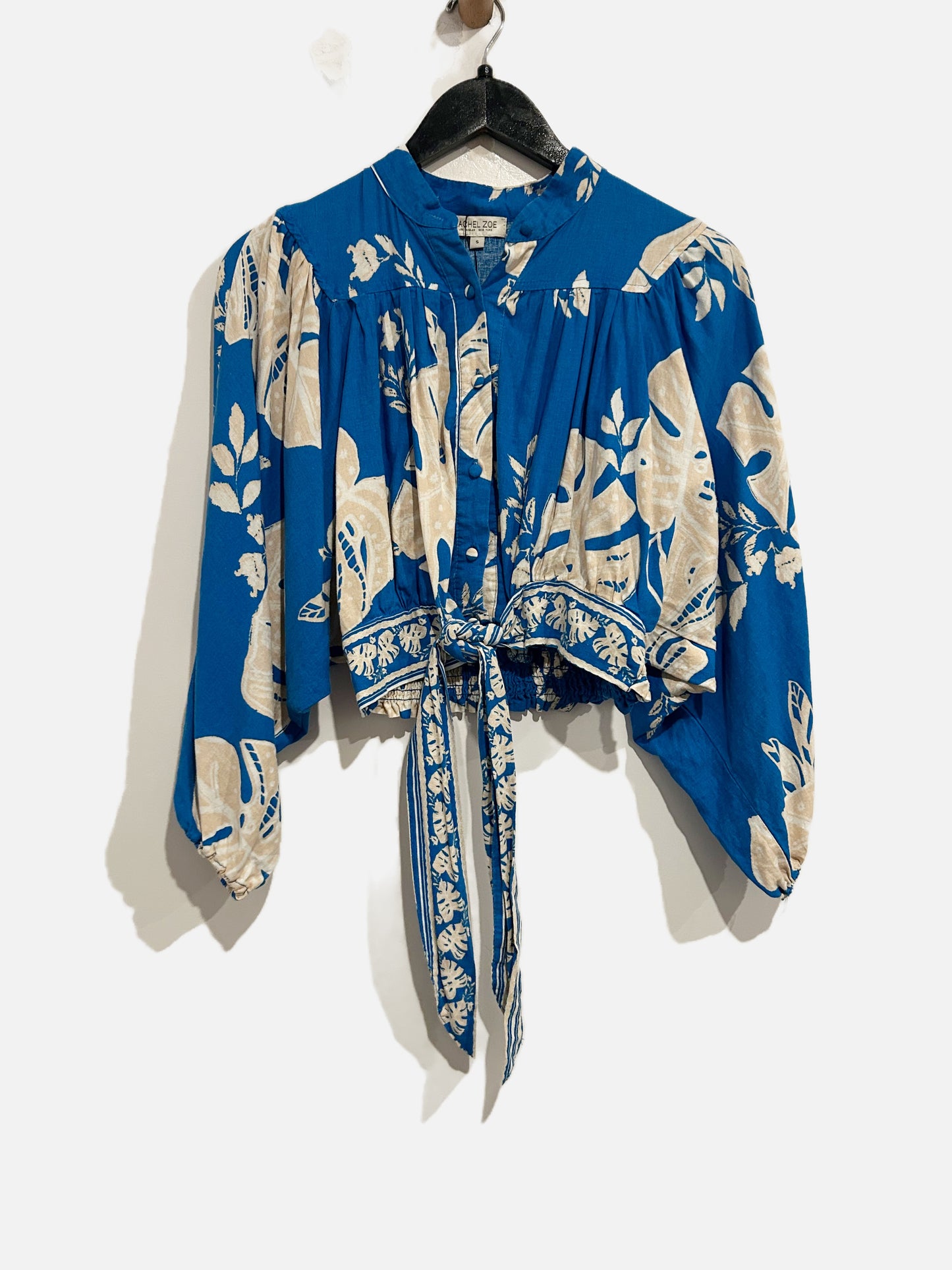 Rachel Zoe Blue Palm Tie Front Button Down - Small