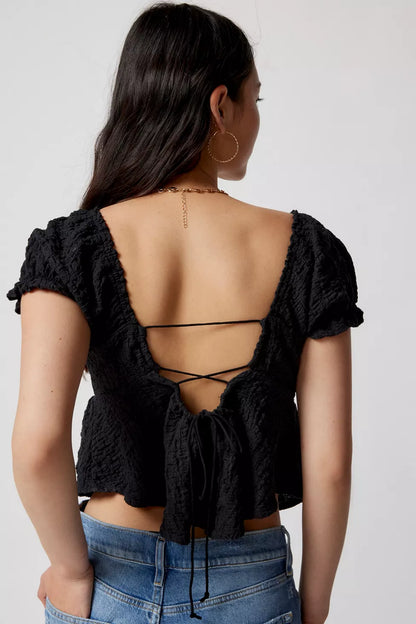 Urban Outfitters Beverly Textured Lace-Up Babydoll Blouse in Black - Small