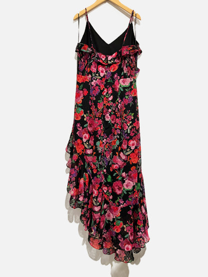 Line & Dot Black Floral Swiss Dot Asymmetric Midi Dress- Large