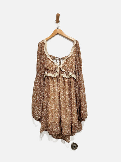 Free People NWT Pennie Brown Floral Lace Trim Dress - XS