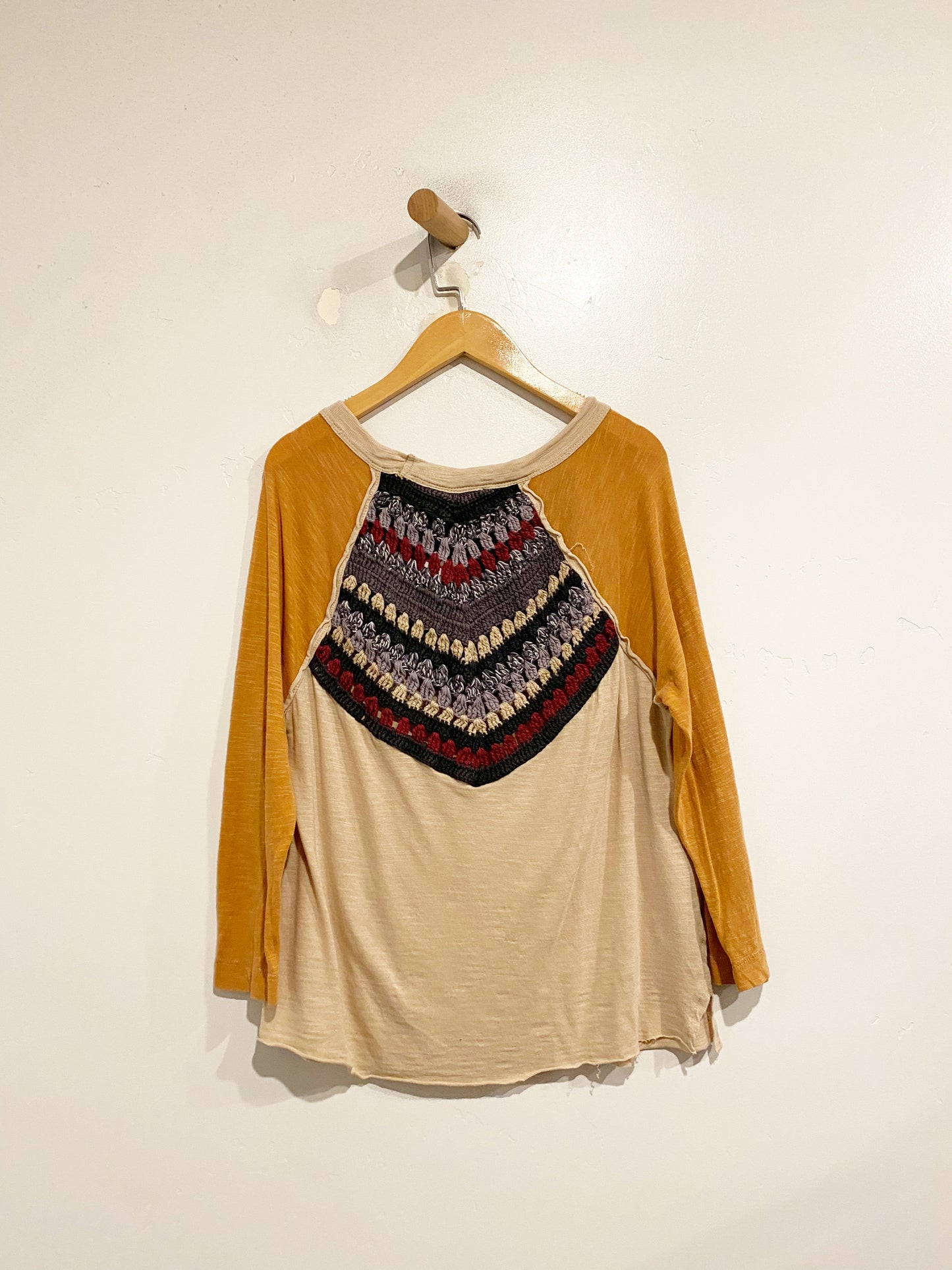 Free People Orange Multi Color Crochet 3/4 Sleeve Top - Large