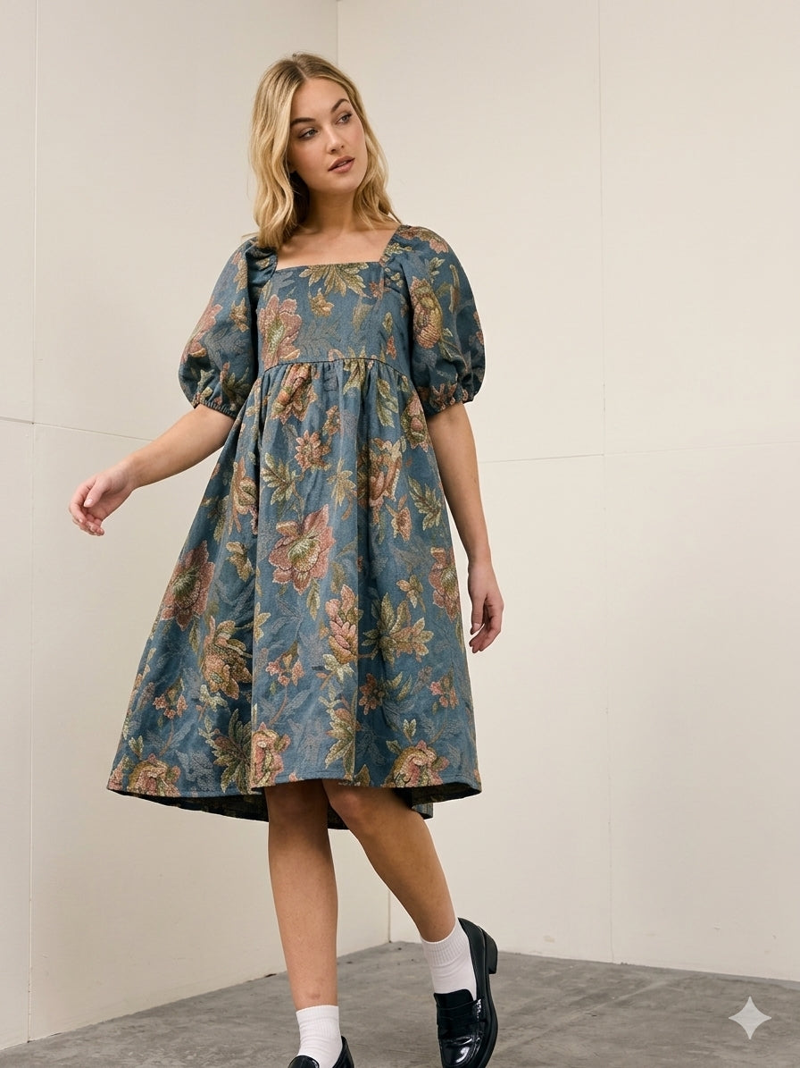 Polagram Embroidered Floral Tapestry Puff Sleeve Dress - Small
