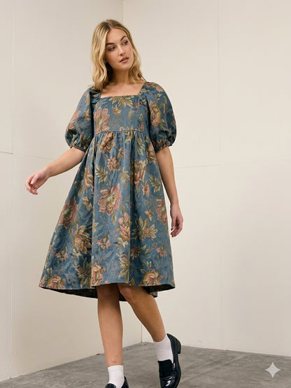 Polagram Embroidered Floral Tapestry Puff Sleeve Dress - Small