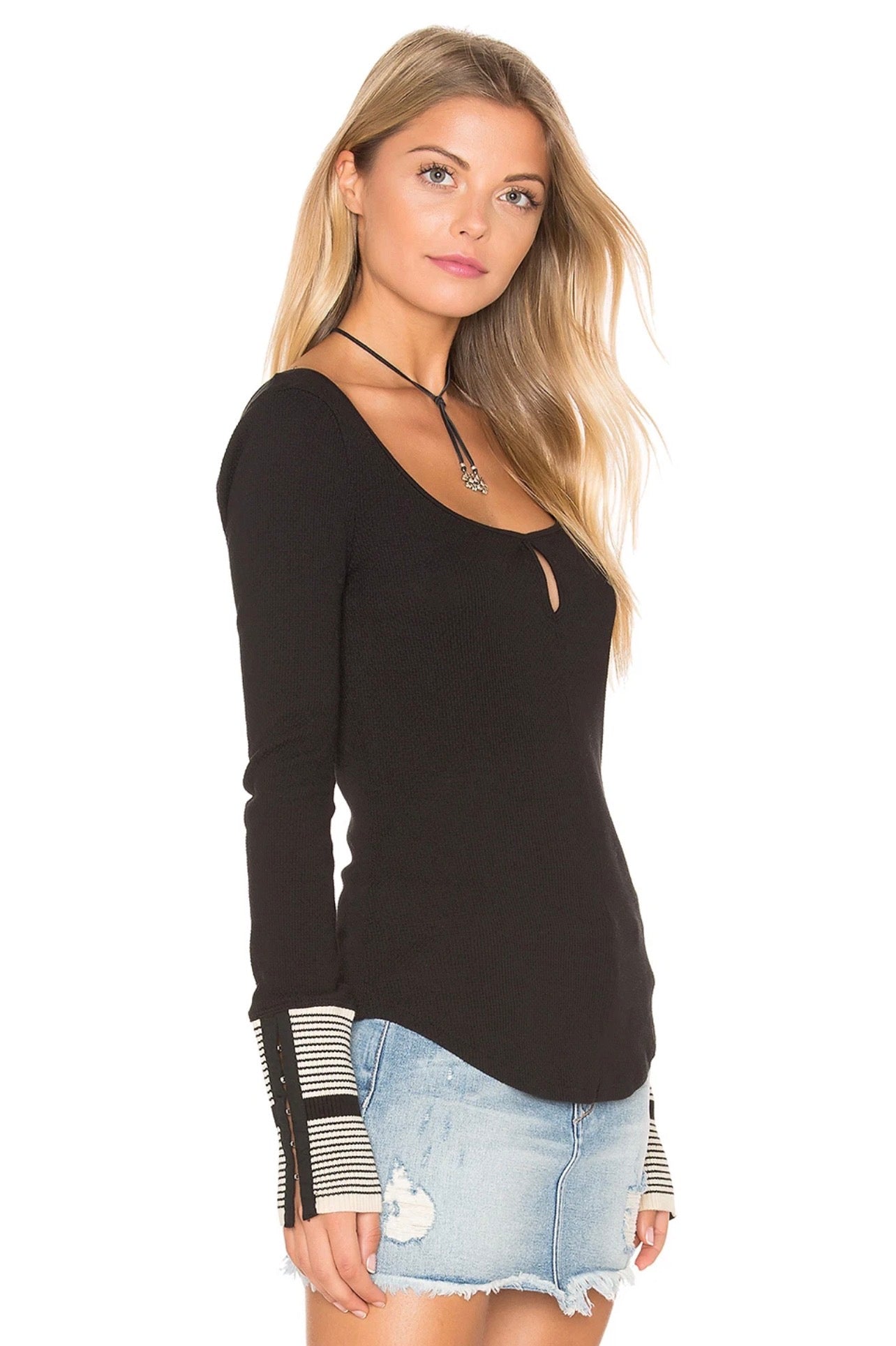 Free People NWT Mod Cuff Striped Thermal in Black - Large