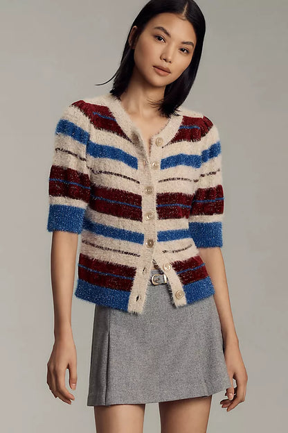 Anthropologie Maeve Short-Sleeve Fuzzy Cardigan Sweater in Blue Pattern - XS