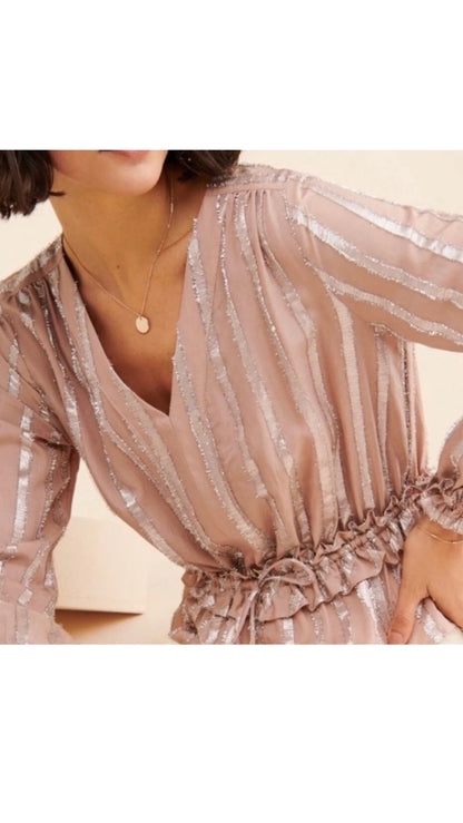 Anthropologie Current Air Tan Stripe Metallic Blouse - XS