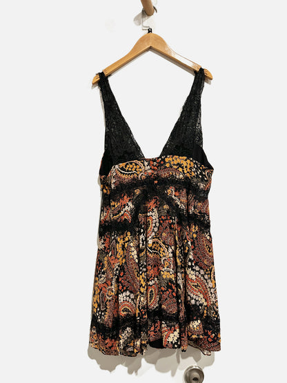 Urban Outfitters Tiffany Plunging Lace Trim Mini Dress In Black Multi - Medium