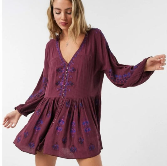 Free People Ariana Burgundy Embroidered Dress - Medium
