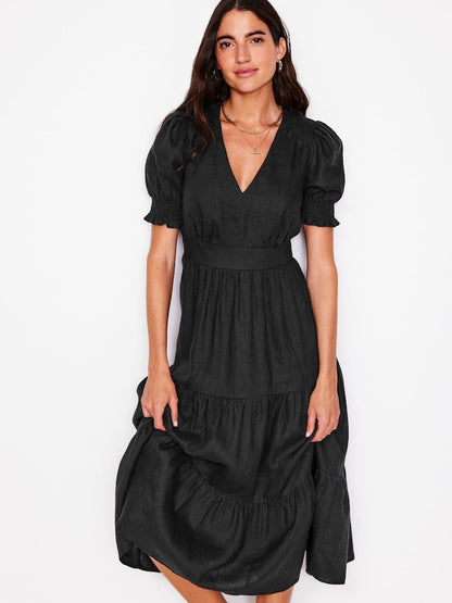 Boden Anna Linen Tiered Midi Dress in Black - 10