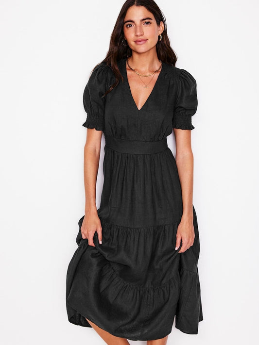 Boden Anna Linen Tiered Midi Dress in Black - 10