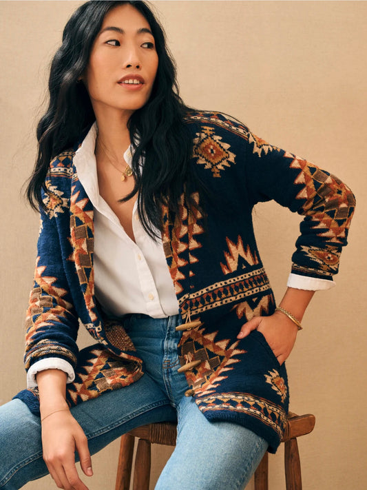 Faherty B.Yellowtail Navy Aztec Cardigan - XS