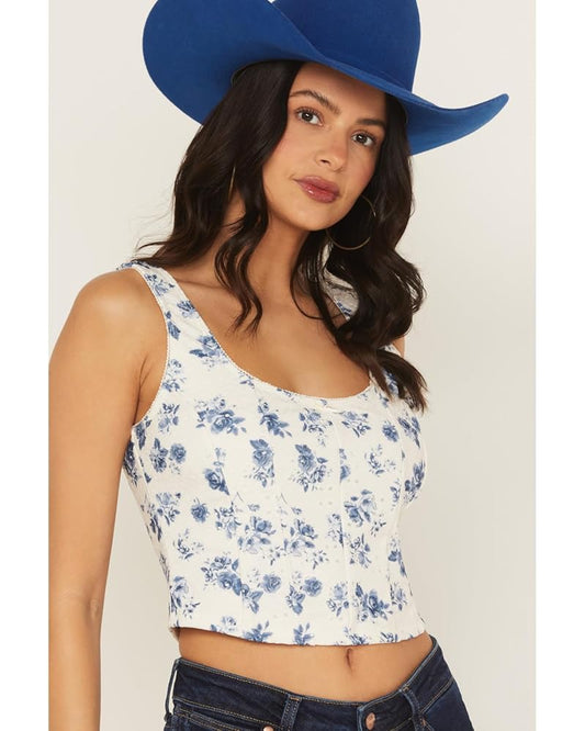 Shyanne NWT White and Blue Floral Bustier Top - Medium
