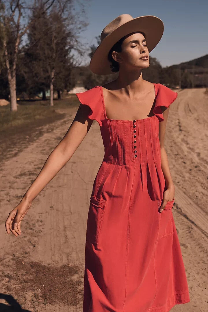 Anthropologie Flutter Sleeve Midi Dress in Red - Medium